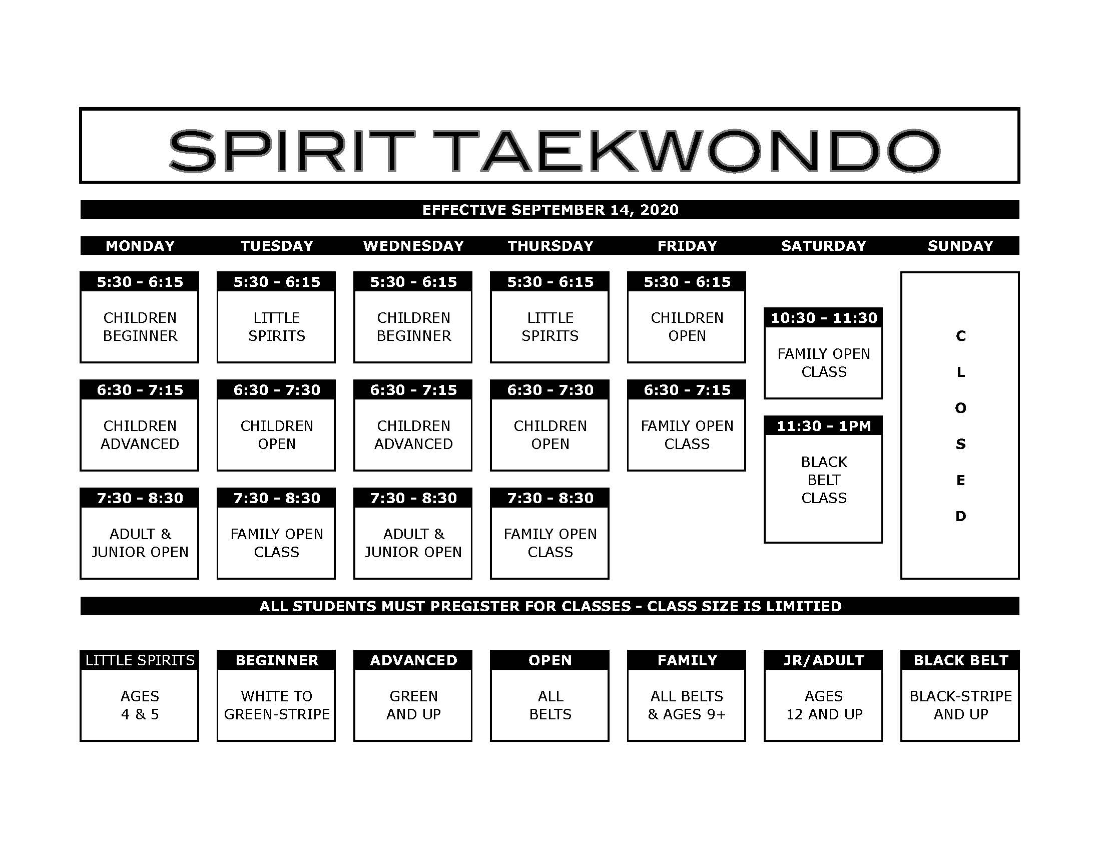 Spirit Taekwondo's Martial Art Schedule of Classes